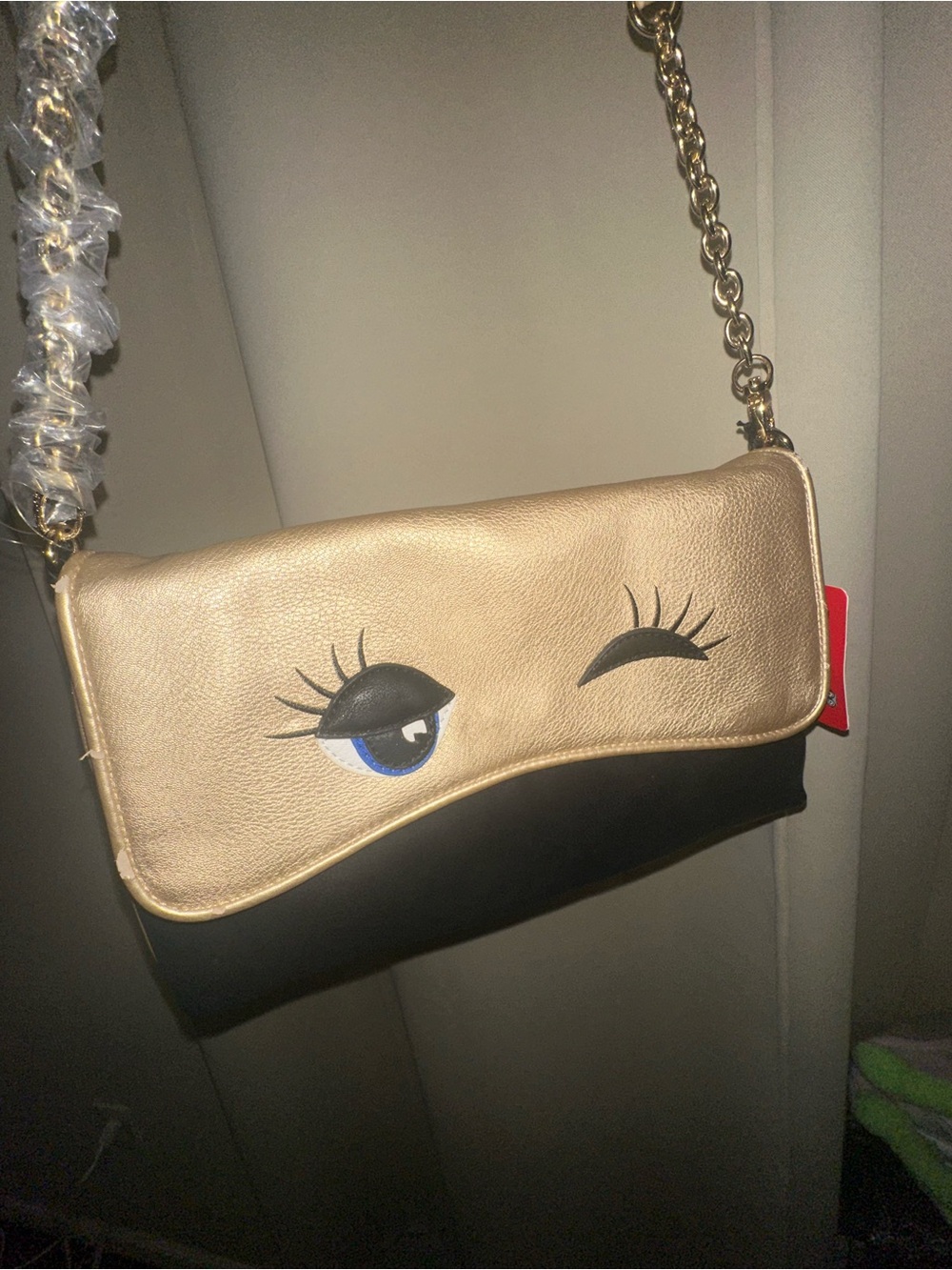 Unique RARA AVIS by Iris Apfel crossbody bag gold and black eye chain strap NEW